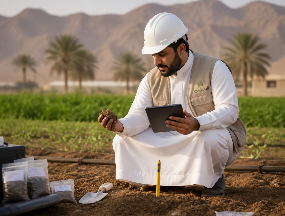 مهندس زراعي يفحص عينات التربة في أحد المشاريع
